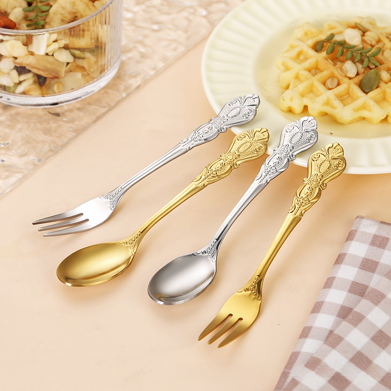 2pcs Cross-Border Royal Court Stainless Steel Coffee Fruit Small Embossed Vintage Dessert Stirring Spoon Fork