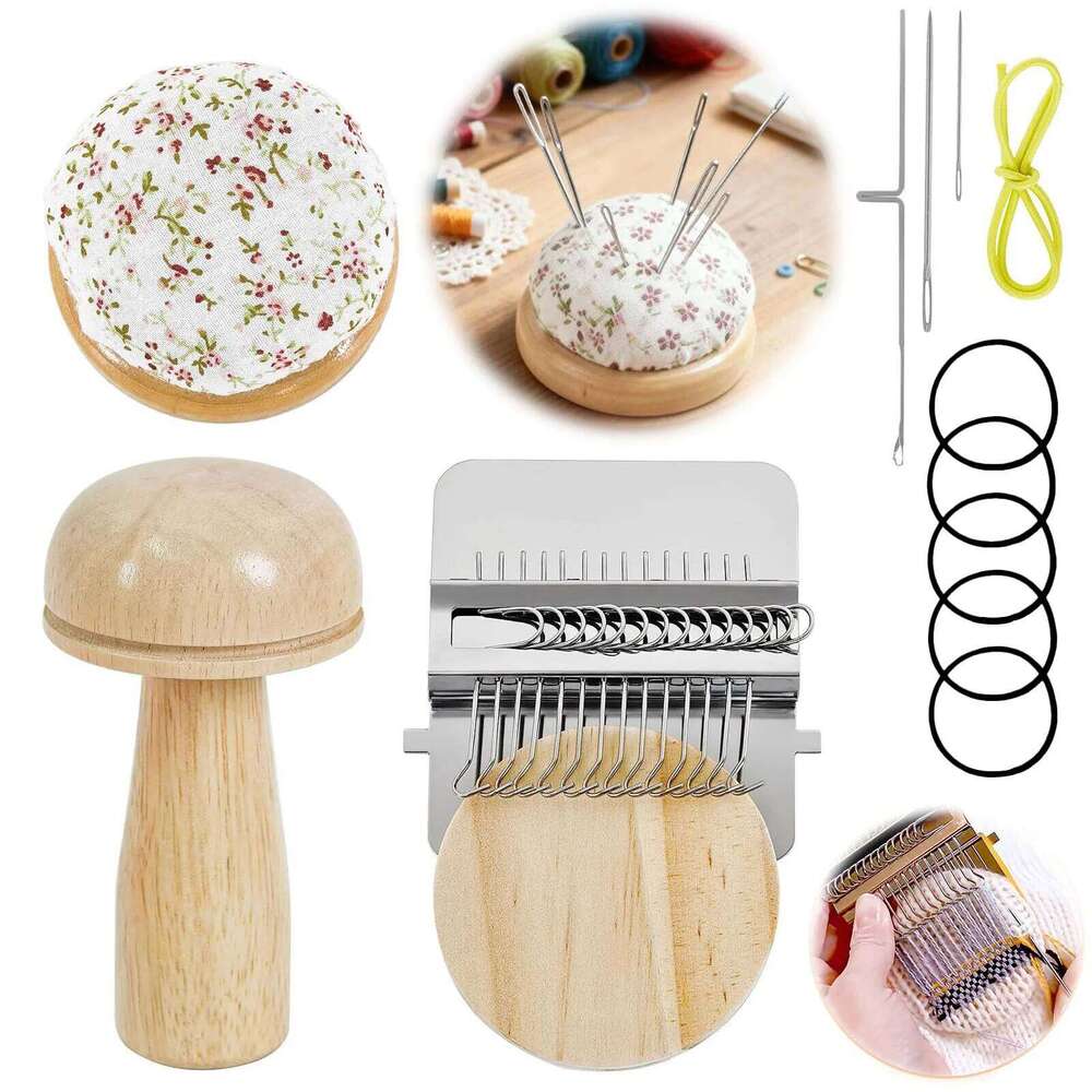 Mini Darning Loom, Mushroom Knit Patch Kit w/ 14 Hooks Hand Tapestry Wood Loom Weaving Frame 50/100 Color Thread for DIY Mending - view 5