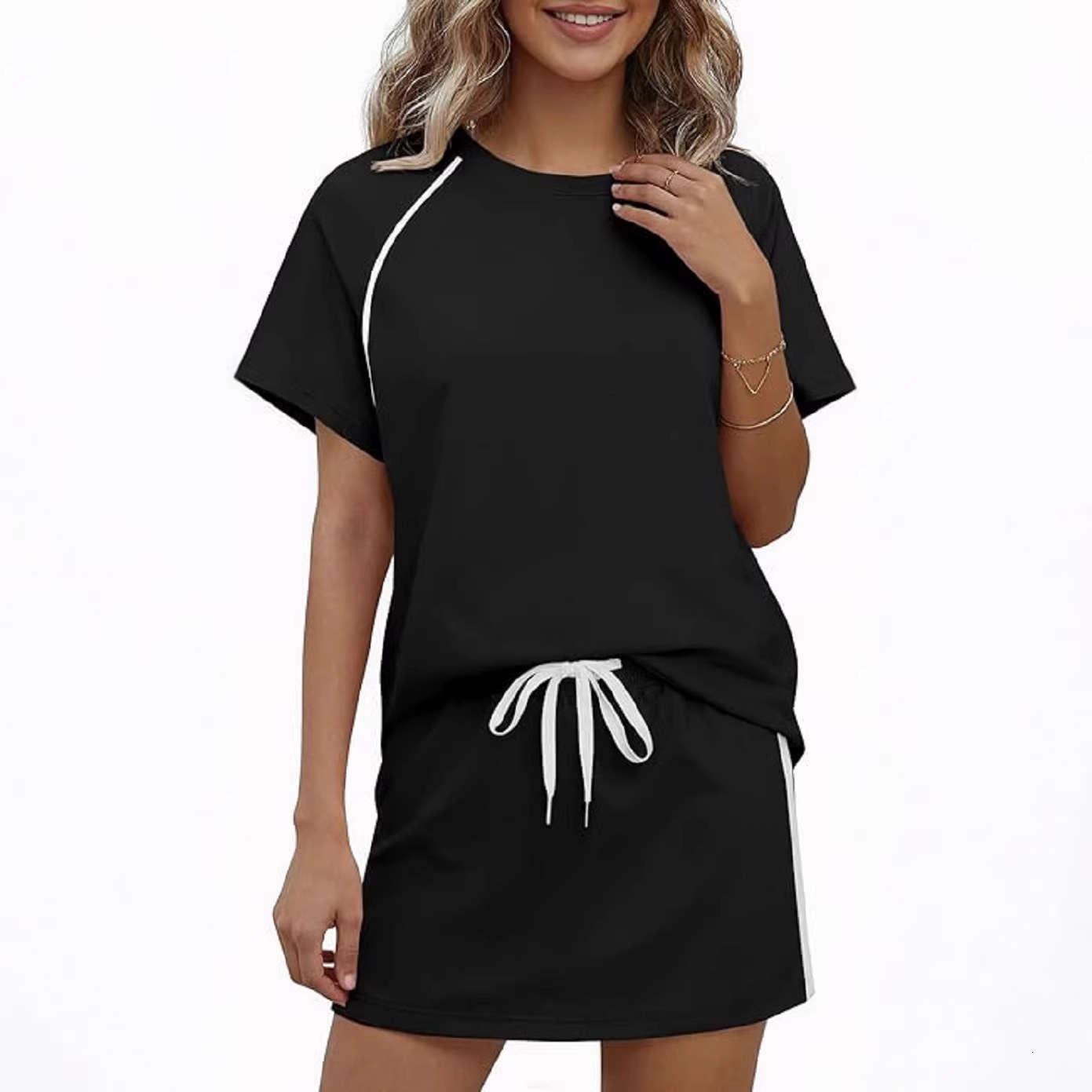 2026 European And American Spring/summer New Designer Luxury Brand Breathable Round Neck Short Sleeved Drawstring Sports Casual Fashion Two-piece Shor