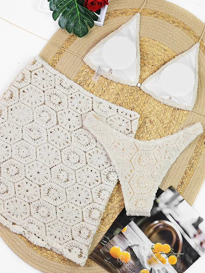 Chic Tri-Piece Womens Lacy Swimsuits with Crocheted Detail & Haltered Top Perfect Beach Outfit Accessory of 2024