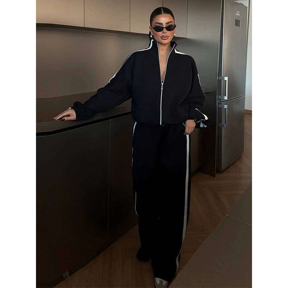 2026 New Arrival Women Contrast Color Hoodie Pant Suits Long Sleeve Zipper Wide Leg Trousers Ladies Casual Spring Two Piece Set Streetwear Loungewear 
