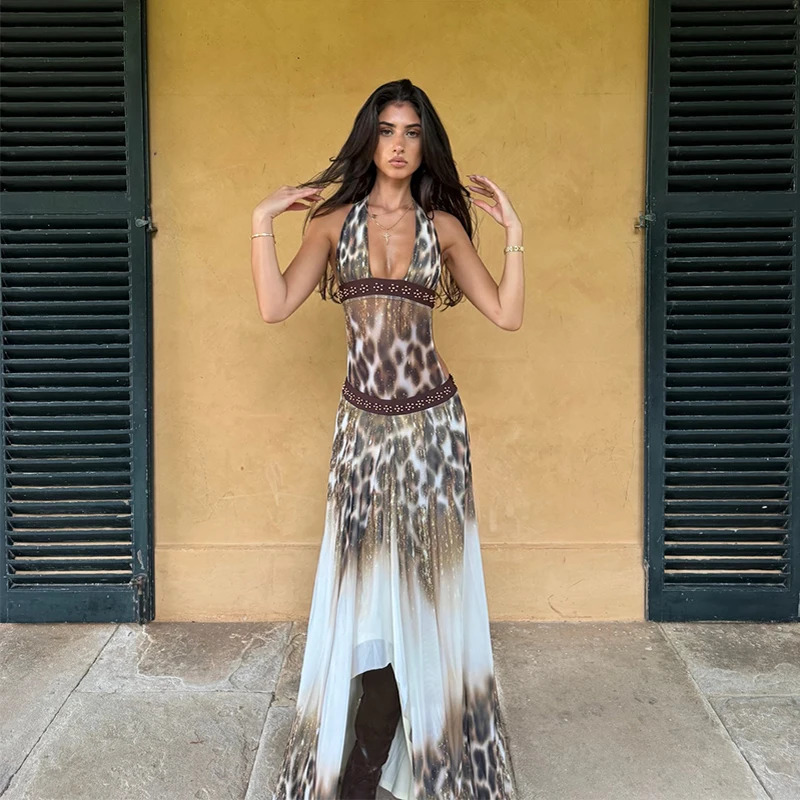 Fashion Leopard Printed Halter Dresses Women Sexy Deep V-neck Irregular Split Backless Bodycon Gown Summer Holiday Dinner Outfit 260409