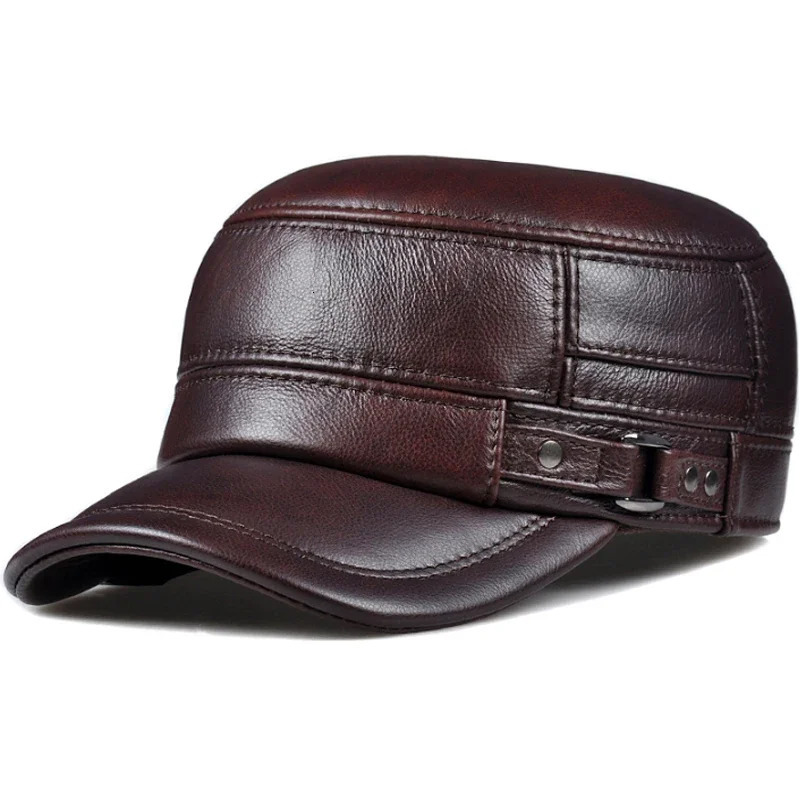 Winter Genuine Leather Cap Mens Flat Caps Military Hat Elegant Man Baseball Cap British Vintage Cowhide Ear Warm Hat 260408 - view 4