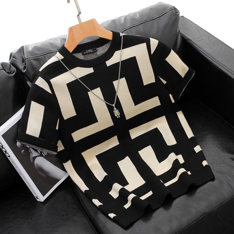 2026 Designer T-shirt Luxury Brand Fashion New Thick Round Neck Pullover Short Sleeved Top Men's Knitted Sweater Striped Jacquard T-shirt Youth B