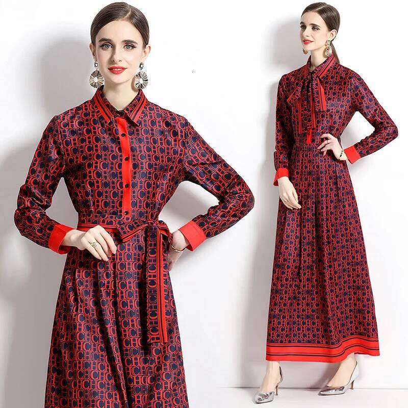 Famous brand Spring New Silk Satin European American Fashion Waist slimming Printed Dress with Belt and Knee length Skirt MAKOUFEI MAKOUFEI