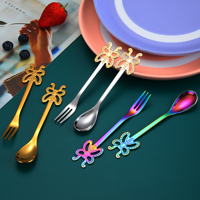 Cutlery 304 Stainless Steel Butterfly Coffee Spoon Golden Fantasy Colorful Dessert Fruit Fork Creative Fork