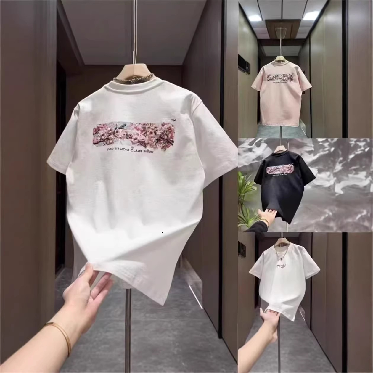 Luxury Designer 2026 New Men's Cherry Blossom Letter Print T-shirt Summer Casual Sport Fashion Outdoor Versatile Streetwear Cotton Short Sleeve