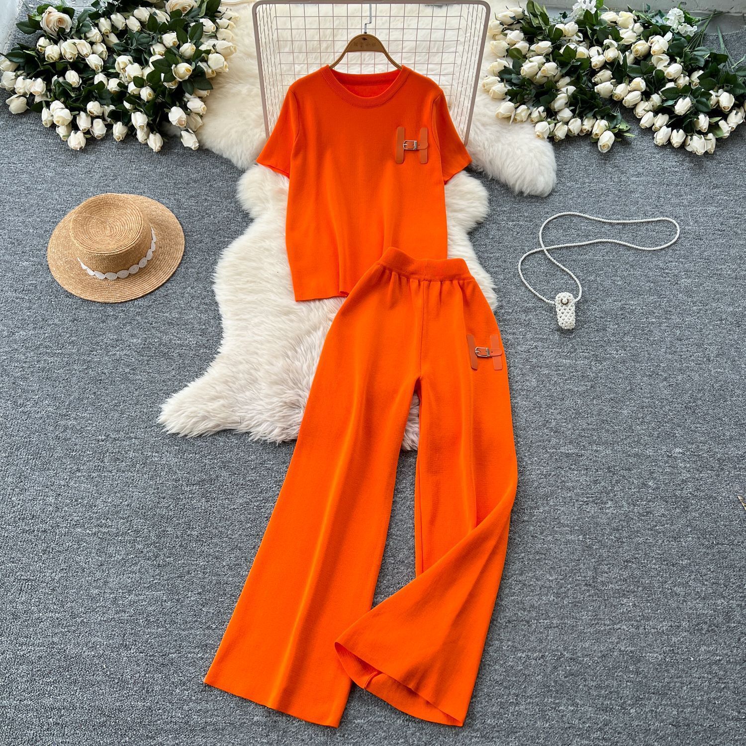 2026 Spring/summer New Designer Luxury Brand Short Sleeve Breathable Knitted Set Women's Hoodie Round Neck Top Loose Wide Leg Pants Two Piece Set