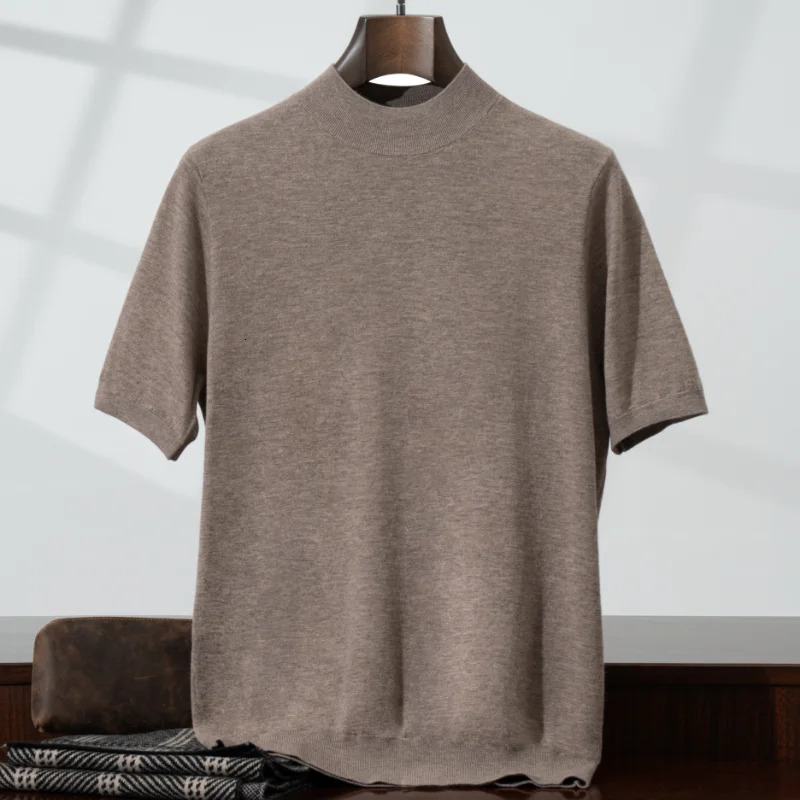 Summer 25 mens knitted 100 wool sweater Tshirt casual short sleeved thin half high neck pullover 260402