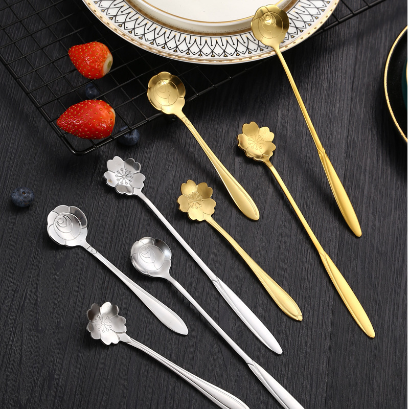 Stainless Steel Cherry Blossom Long Handle Heart-shaped Creative Petal Dessert Flower Coffee Stirring Spoon Source