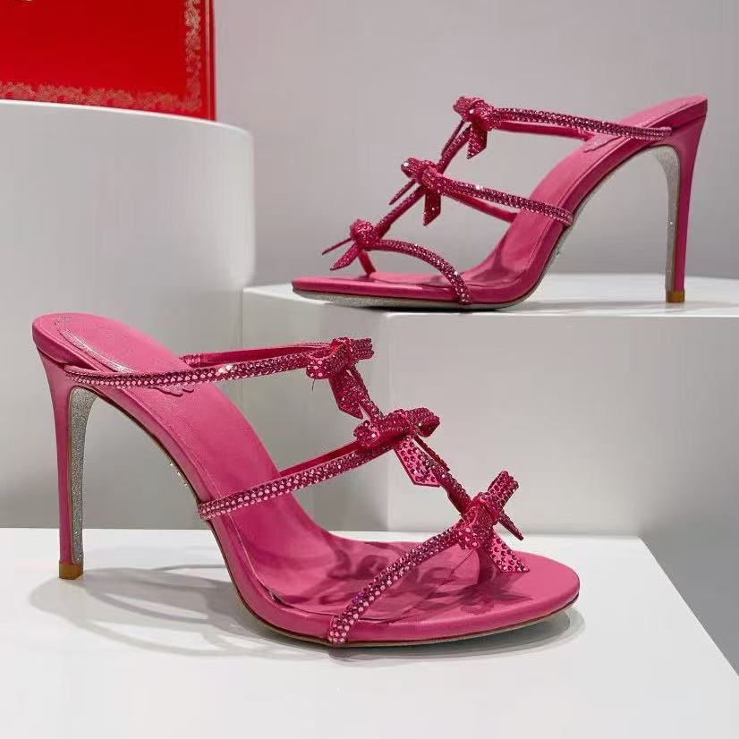 Sandals New Bow Decoration Satin Women 10CM High Heels Crystal Buckle Square Toe Open Toe Fine Band Combination Brand Designer Shoes Butterfly Rhinestone Heels bag