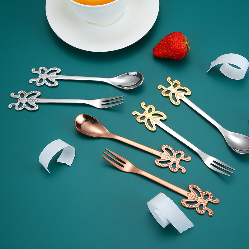 Cutlery 304 Stainless Steel Butterfly Coffee Spoon Golden Fantasy Colorful Dessert Fruit Fork Creative Fork