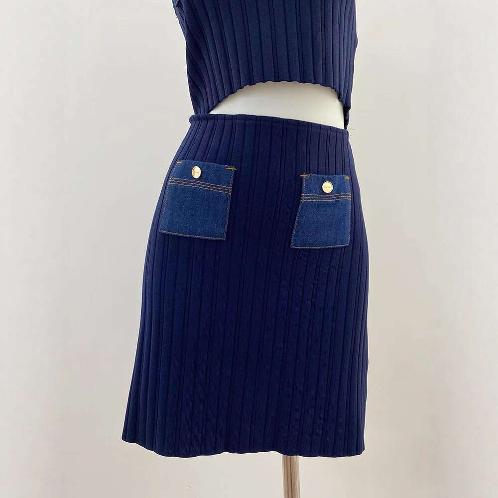 2026 Autumn New Designer Women's Ribbed Color blocked k30 Cowboy Knitted Tank Top+Short Skirt Set