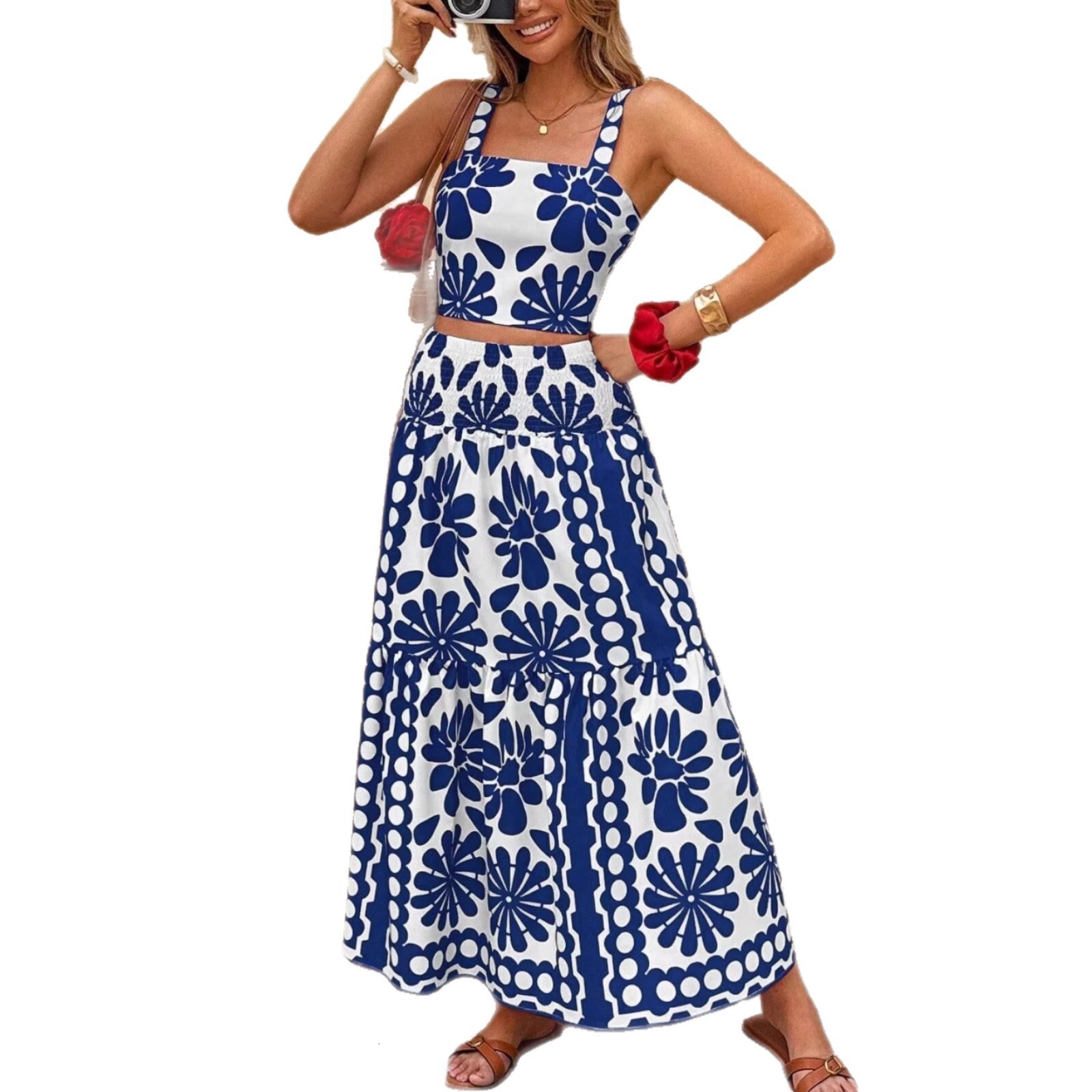 2026 New Designer Luxury Brand Urban Sexy Women's Clothing European And American Summer Breathable Casual Printed Suspender Long Skirt Set Wholes