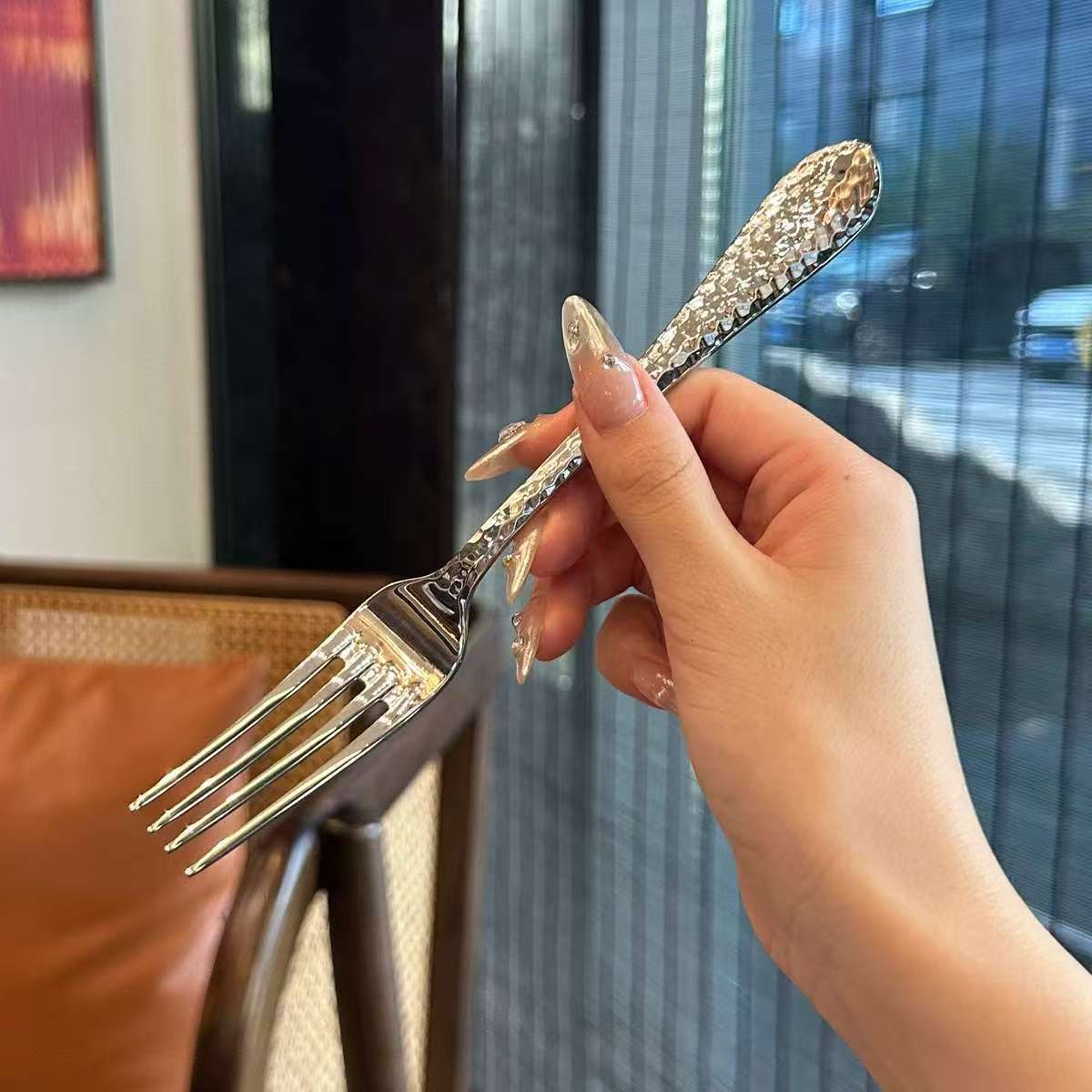 Stainless steel exquisite high-end tableware, Western-style main dinner household long-handled pasta salad fork, steak fork