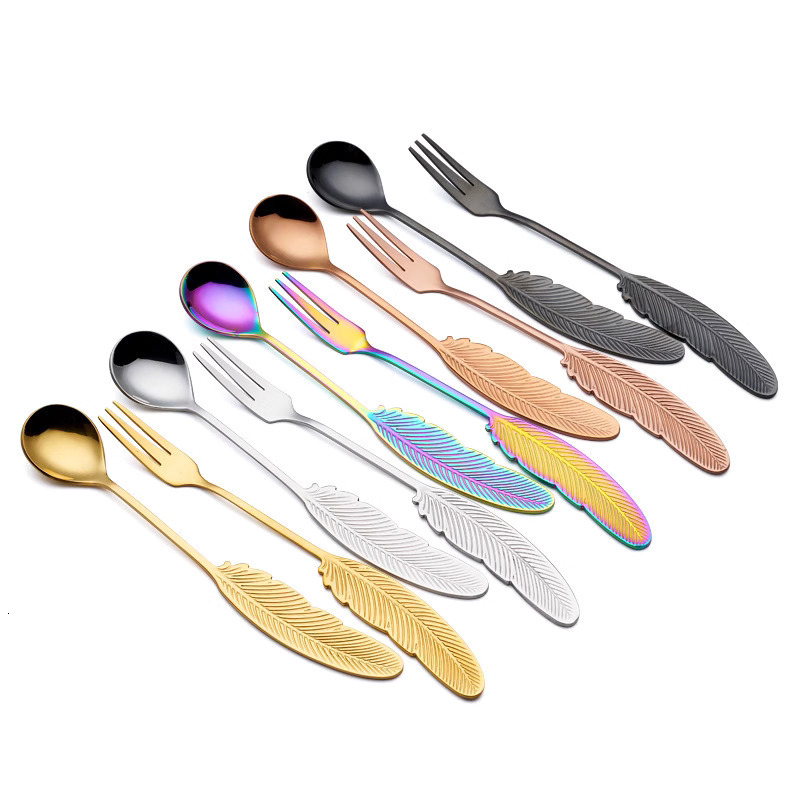 Creative 304 Stainless Steel Feather Shape High-Value Coffee Cute Dessert Spoon Fruit Fork