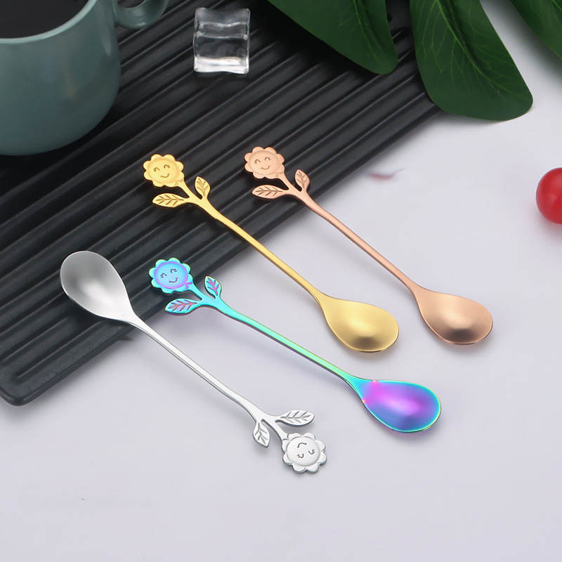 Spoon 2pcs Creative Smiling Sunflower Stainless Steel Coffee Dessert Fork High Value Gift Spoon