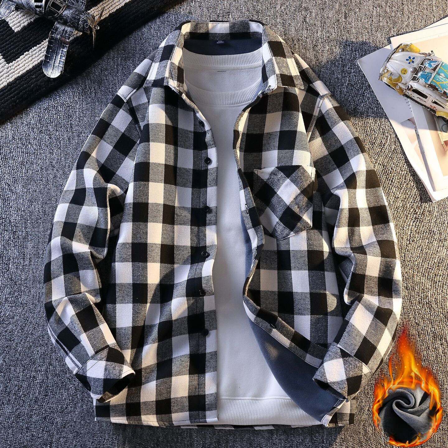 High End Luxury Plaid Long Sleeved Wool Lining Spring And Autumn Men's Shirt Fashion Color Blocked Designer Shirt Thick Thin Wool Jacket Wholesal