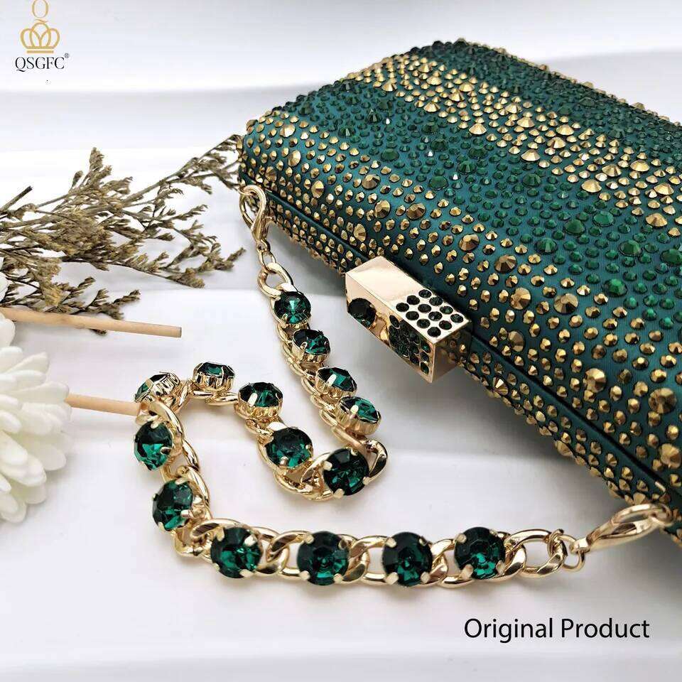 QSGFC Nigerian Women Heel Ladies Italian Design Green Shoes And Bag Set Decorated with Rhinestone Handbag Wedding Party