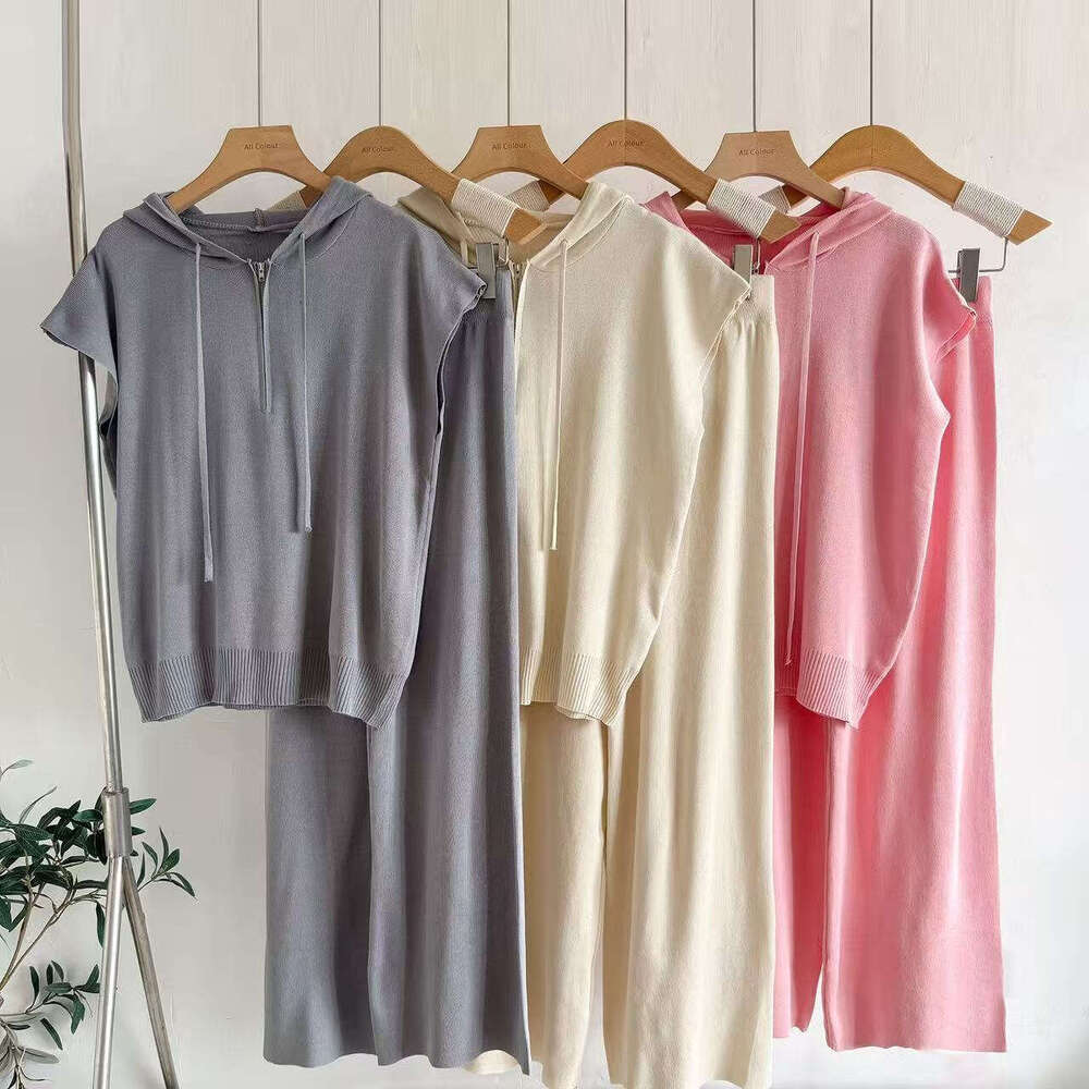 2026 k30 Summer New Designer Solid Color Hooded Sleeveless Tank Top Fashion Set Loose Casual Knitted Women's Set