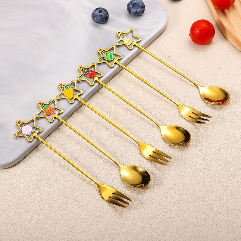 Tableware Stainless Steel Summer Fruit Style Star Frame Pendant Stirring Spoon Fruit Fork Wedding Favor