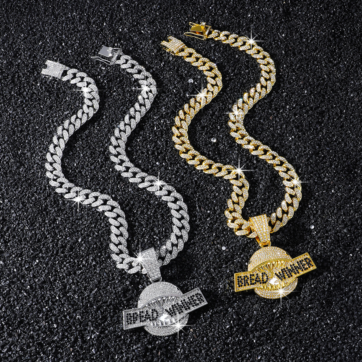 New Mens Full-diamond Bread Winner Shark Mouth Pendant Necklace With Cuban Link Chain Hip Hop Gold Silver Plate Iced Out Gemstone Jewelry Bijoux Gifts