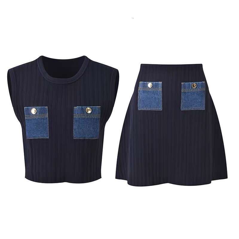 2026 Autumn New Designer Women's Ribbed Color blocked k30 Cowboy Knitted Tank Top+Short Skirt Set