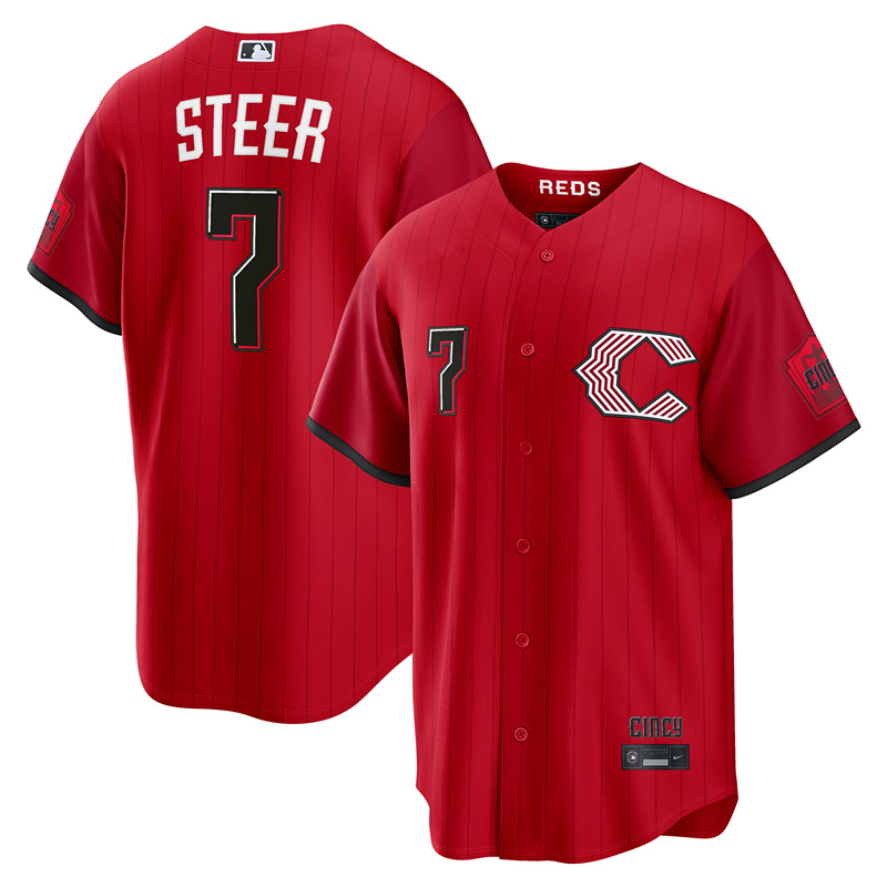 44 Elly De La Cruz 9 Matt McLain 21 Hunter Greene 30 Ken Griffey Jr. 7 Spencer Steer Reds Men 2026 City Connect baseball jersey