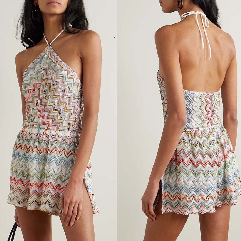2026 Designer Luxury Women's Set Trendy Summer Women's Outdoor Leisure Slimming And Sensual Printed Color Wave Bareback Bareback Shoulder Op