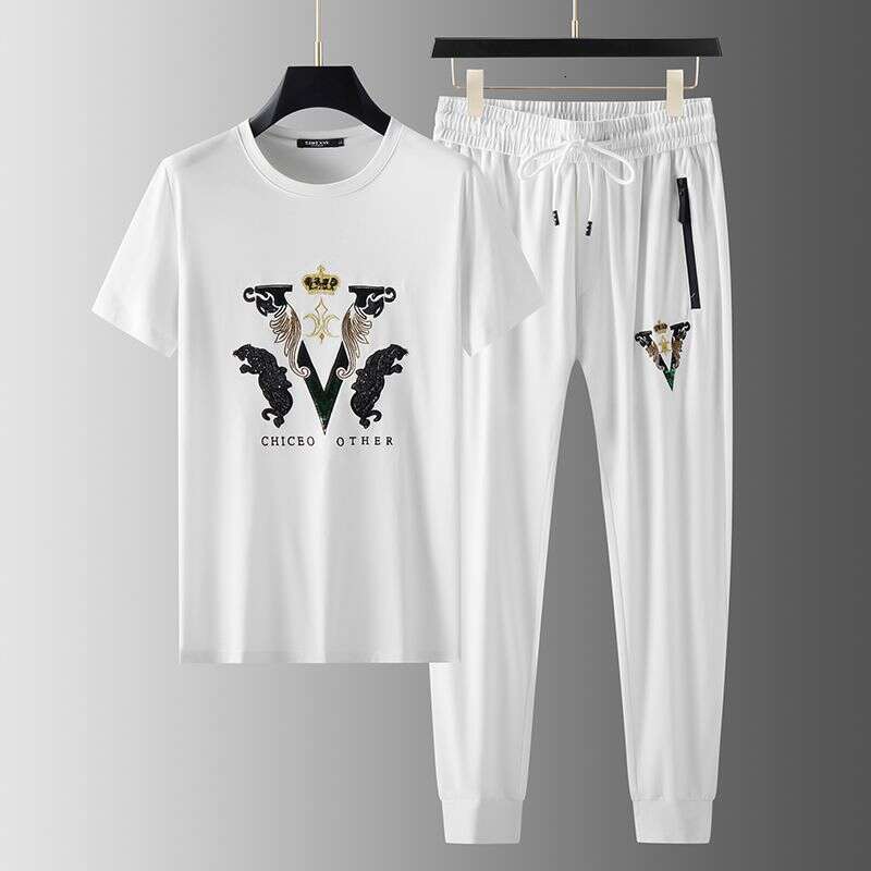 Youthful Embroidered Personalized Trendy Two-Piece Set European And American Style Summer New Fashion Sequin Short-Sleeve Long-Pants Men's Suit