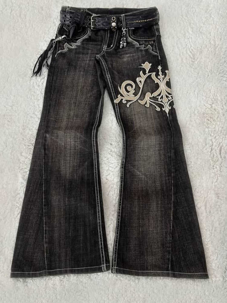 Retro embroidered flared denim girls' street punk y2k low-rise versatile casual floor-length pantsY251105