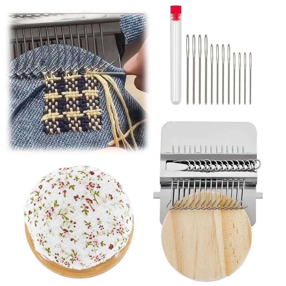 Mini Darning Loom, Mushroom Knit Patch Kit w/ 14 Hooks Hand Tapestry Wood Loom Weaving Frame 50/100 Color Thread for DIY Mending - view 4