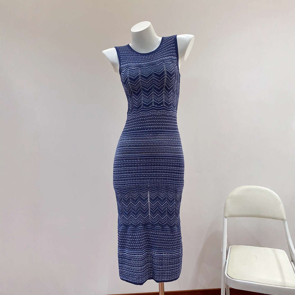 2026 Summer New Designer Holiday k30 Style Hollow Knitted Deep Blue Wave Pattern Tank Top cardigan Women's Dress