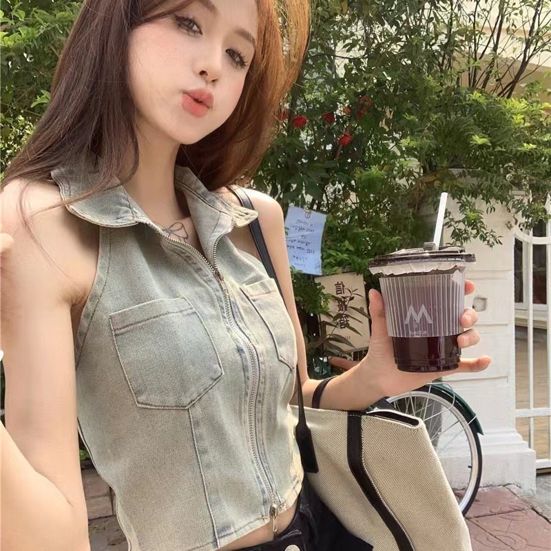 Polo collar denim vest summer Korean style slim-fit short halter neck top trendy and sexy sleeveless inner wear for women221201