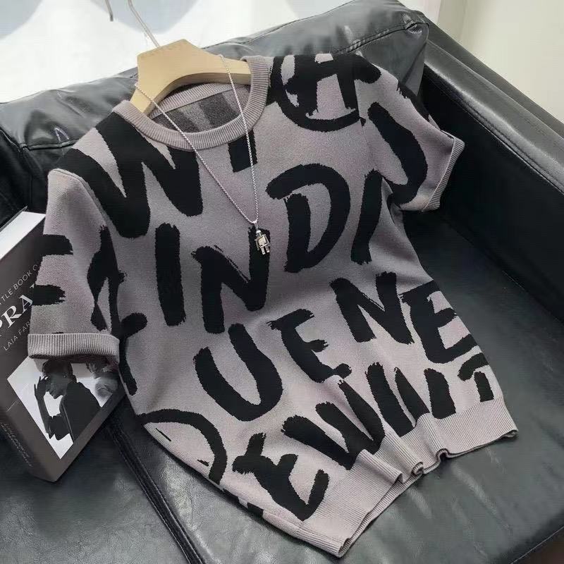 2026 Designer T-shirt Luxury Brand Fashion New Thick Round Neck Pullover Short Sleeved Top Men's Knitted Sweater Striped Jacquard T-shirt Youth B