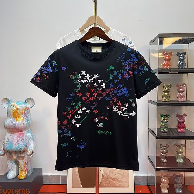 Luxury Designer 2026 New Men's Color Splash Monogram Print T-shirt Summer Casual Sport Fashion Outdoor Versatile Streetwear Cotton Short Sleeve