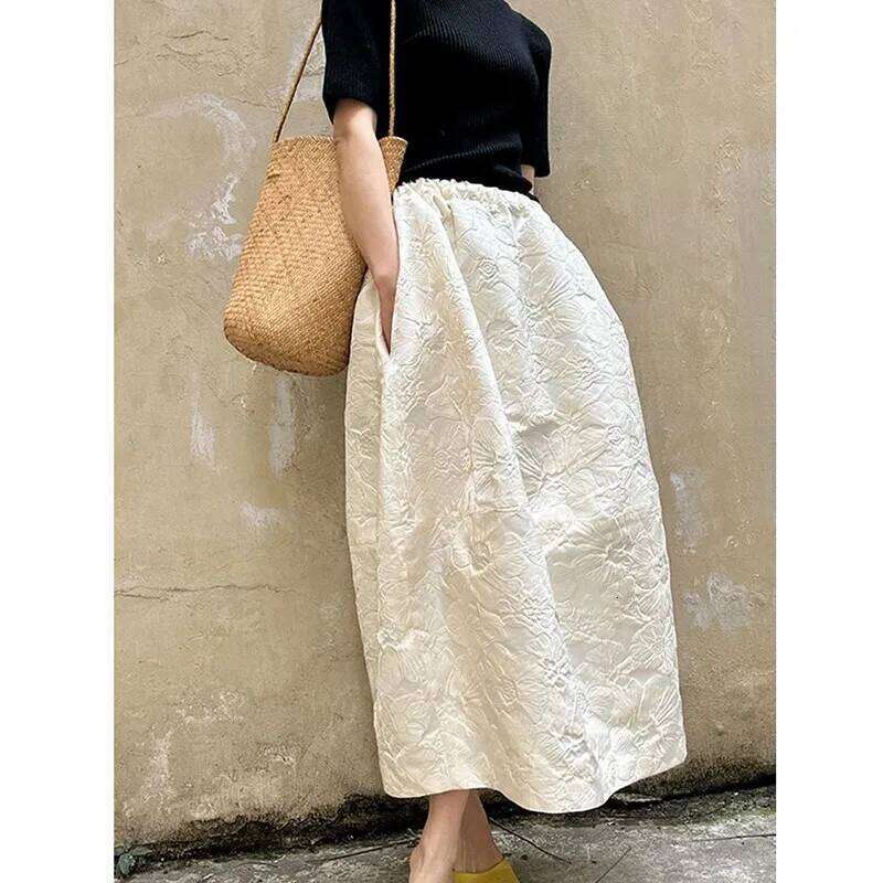 Spring Summer Fashion Arts Style Women Loose Casual A-line Skirt Elastic High Waist Jacquard Ankle Length Vintage Daily Comfortable Long Skirt MAKOUFE