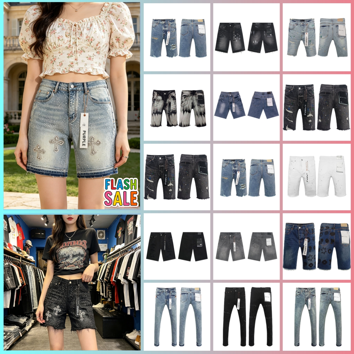 2027 Purples Jeans Unisex Rhinestone Cross Denim Shorts Women Men, Y2K Gothic Distressed Ripped High Waist Streetwear Summer Casual Shorts