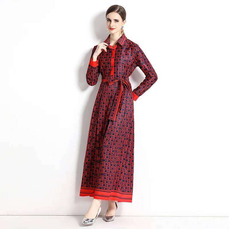 Famous brand Spring New Silk Satin European American Fashion Waist slimming Printed Dress with Belt and Knee length Skirt MAKOUFEI MAKOUFEI