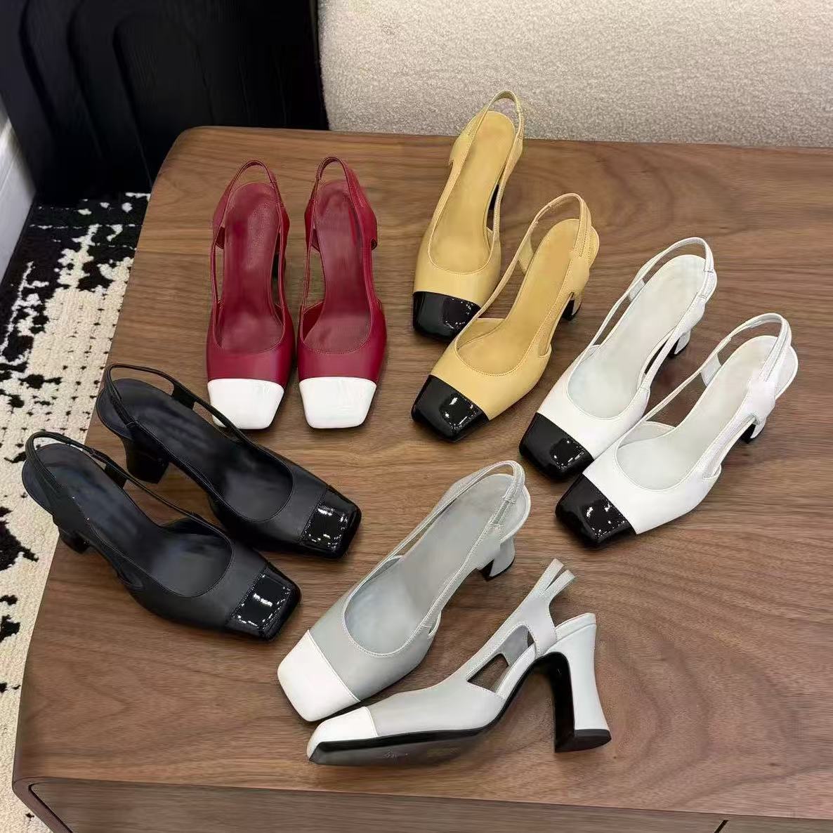 designer women shoes high heels women heel Pumps dress shoes slingback heels luxury shoes Women Square heels shoes Slides Vintage Black White Mules Pumps with bag