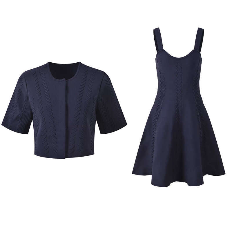 2026 early autumn new designer k30 dark blue and white retro design suspender dress+short sleeved cardigan