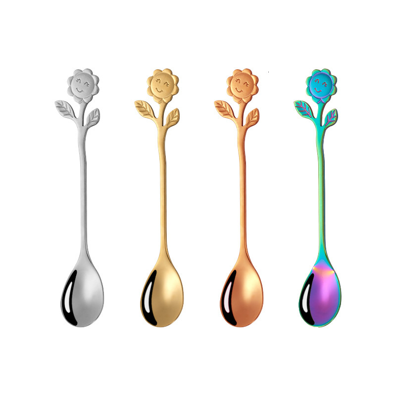 Spoon 2pcs Creative Smiling Sunflower Stainless Steel Coffee Dessert Fork High Value Gift Spoon