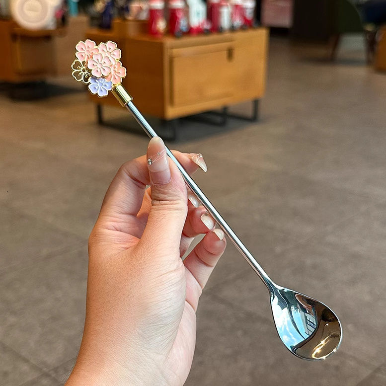 Cross-Border 304 Stainless Steel Japanese Sakura Exquisite Dessert Long Handle Ice Household Bird's Nest Stirring Spoon
