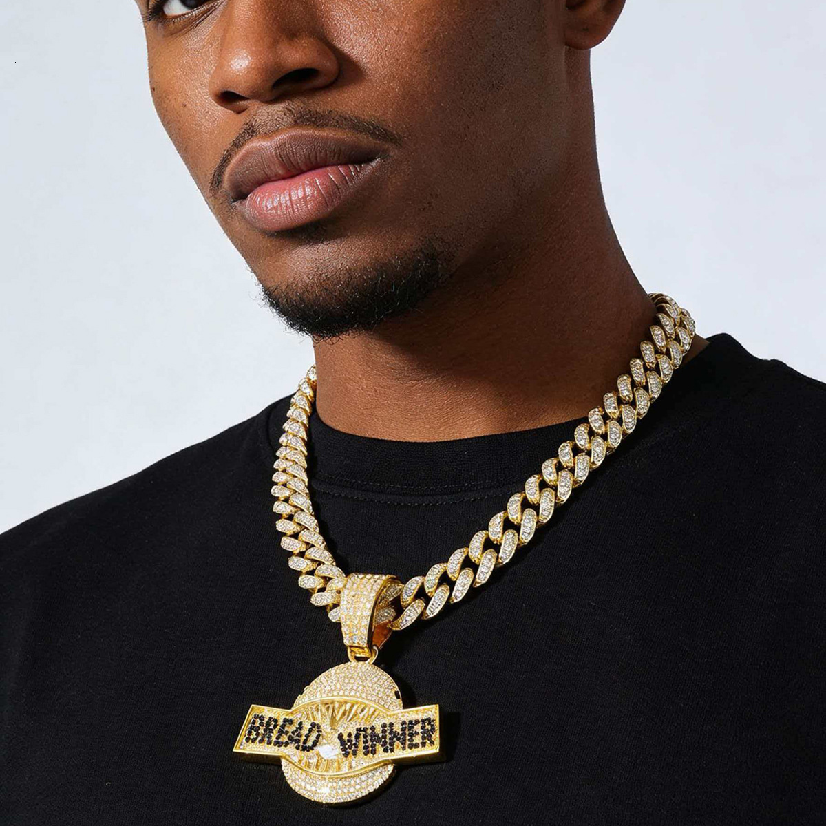New Mens Full-diamond Bread Winner Shark Mouth Pendant Necklace With Cuban Link Chain Hip Hop Gold Silver Plate Iced Out Gemstone Jewelry Bijoux Gifts