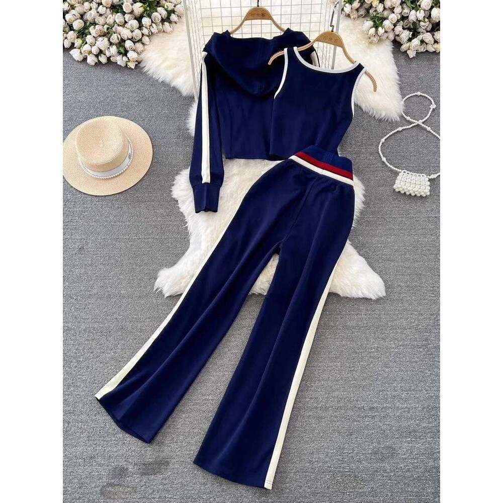 Fashion Y2K Women 3 Piece Set Zipper Hooded Cardigan Vest Jacket High Waist Wide Leg Pants Korean Casual Tracksuit MAKOUFEI