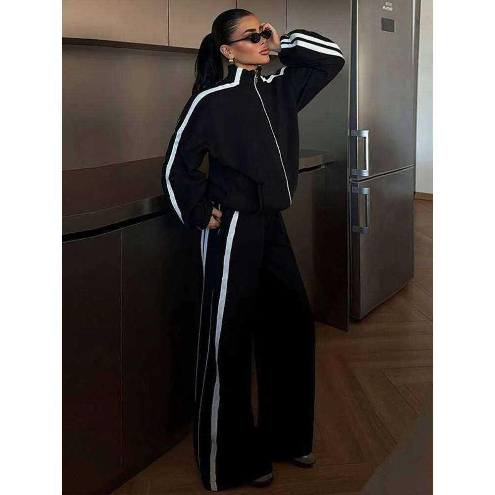 2026 New Arrival Women Contrast Color Hoodie Pant Suits Long Sleeve Zipper Wide Leg Trousers Ladies Casual Spring Two Piece Set Streetwear Loungewear 