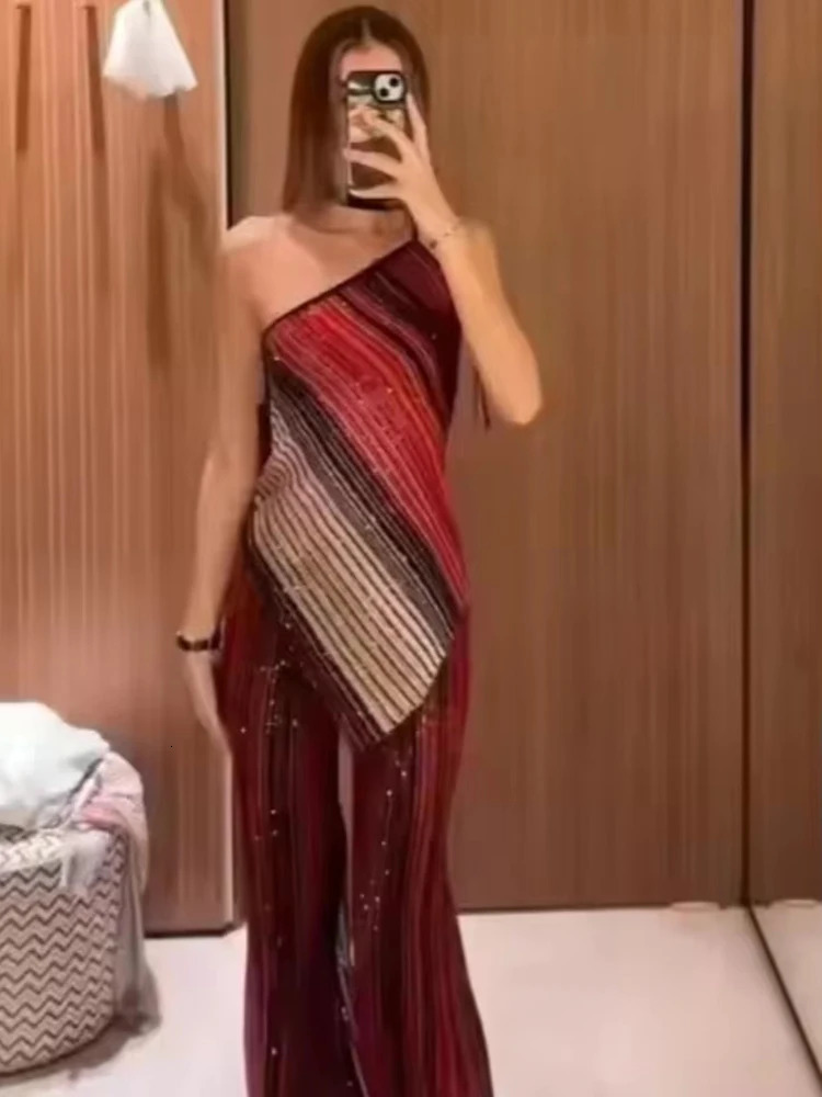 Womens Metal Glitter Knitted Set Sexy Skinny Shoulder Sleeveless TShirt Straight Elastic Waist Pants 2025 Collection 260410