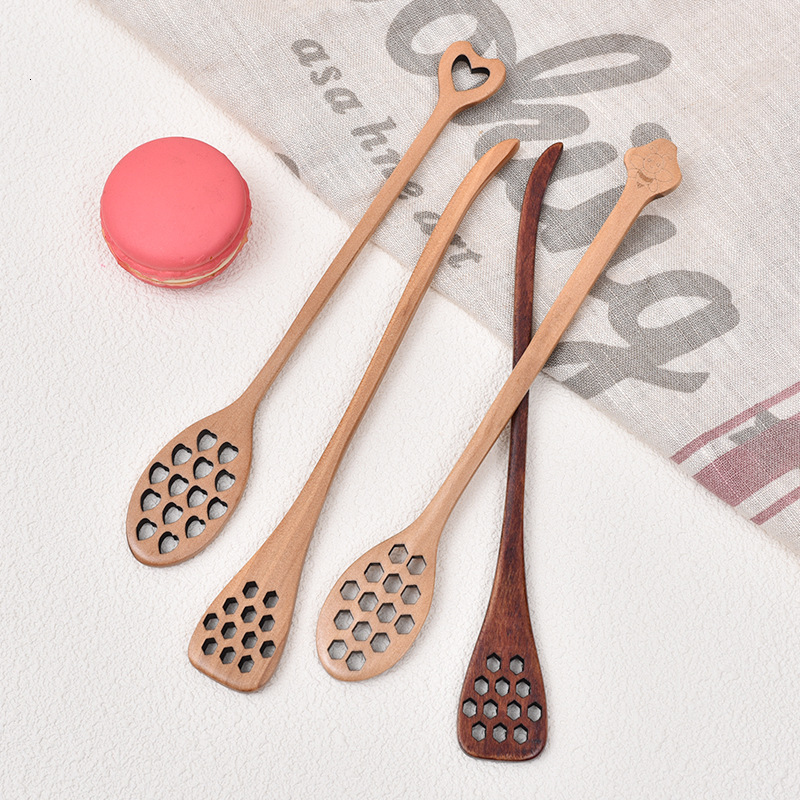 Spoon Heart Shape Honeycomb Long Handle Wooden Coffee Honey Stirring Stick For Dessert Milk Tea Seasoning