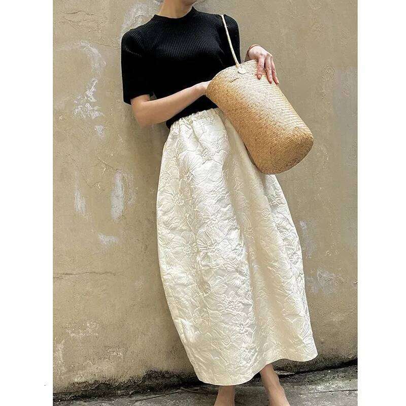Spring Summer Fashion Arts Style Women Loose Casual A-line Skirt Elastic High Waist Jacquard Ankle Length Vintage Daily Comfortable Long Skirt MAKOUFE