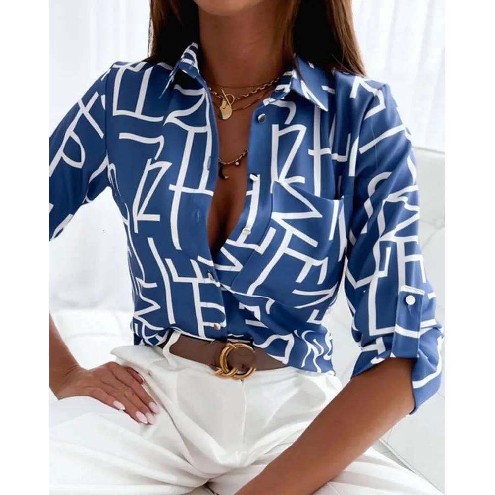 Elegant Women Blouse Spring and Autumn Temperament Top Long Sleeve Stripe Print Office Slim Fit Pocket Shirt MAKOUFEI